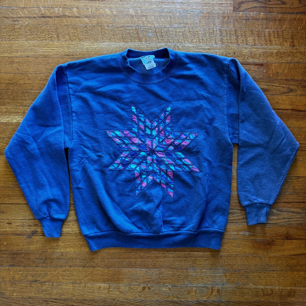 Vintage Blue Crewneck Sweatshirt Geometric‎ Star Graphic Pullover Size M